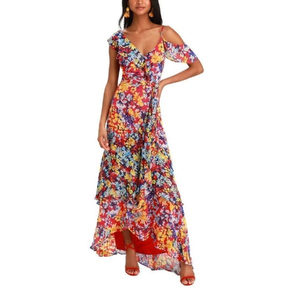 NWOT Lulus Radiant Ruby Red Floral Print Chiffon Maxi Dress Sz S - Picture 1 of 8